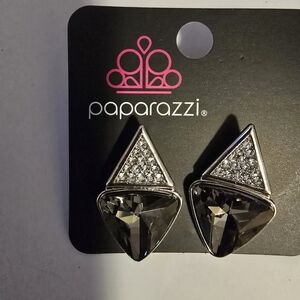 paparazzi Silver and Black Triangular Crystal Stud Earrings